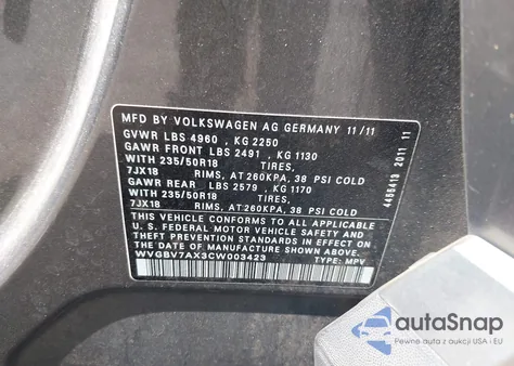 2012 Volkswagen Tiguan Se from USA, damaged, VIN WVGBV7AX3CW003423